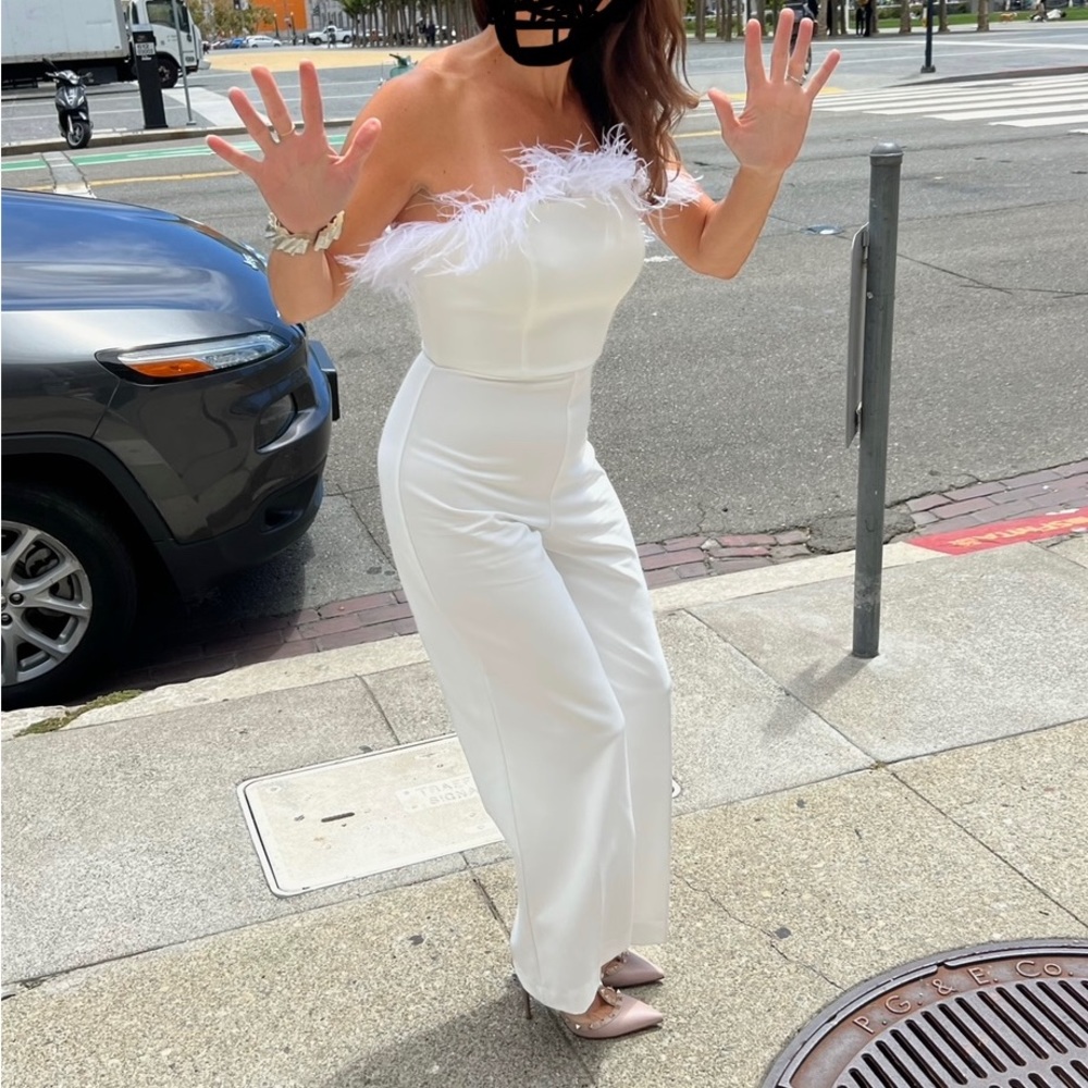 White strapless feathered jumpsuit, size 4-6, Bridal
